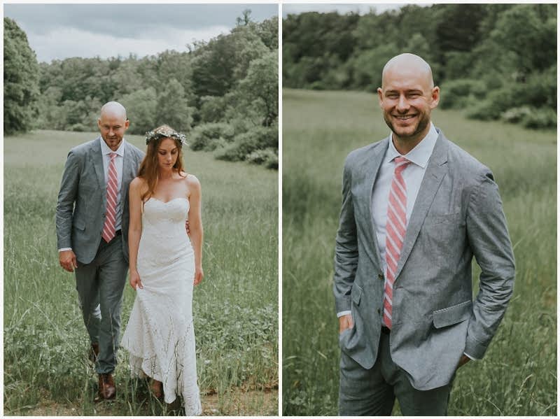 Groom grey suit red tie